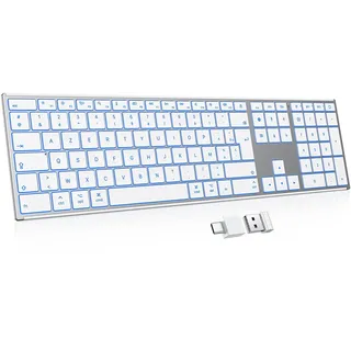 OMOTON Aluminium Kabellose Mac Tastatur, 2.4G & Dual-Bluetooth (BT1/BT2), Beleuchtete Tastatur für Apple MacBook Pro/Air, iMac, Mac mini, ultradünn, wiederaufladbare leise (FR-Sliber)