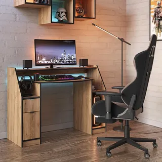 Vicco Joel Eiche Schwarz 123 x 45 cm Gamingtisch PC-Tisch Schublade Tür