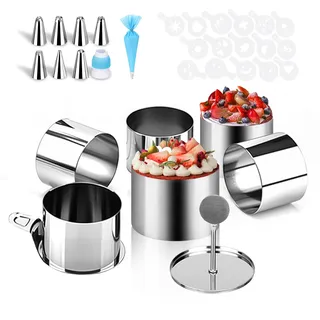 KIMIGO Dessertringe Set, Edelstahl Servierringe 7.5cm,Kleiner Kuchenring mit Tüllen & Spritzbeutel,Geeignet für die Herstellung von Keksen, Donuts und Kuchenbackformen