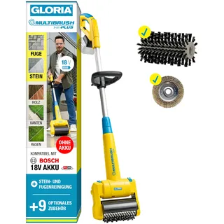 GLORIA MultiBrush li-on PLUS | Akku Reinigungsbürste (für BOSCH Akku 18V) | Ohne Akku | Passend für BOSCH 18V Akku | 11-in-1 Unkrautbürste | Stein, Holz, Kanten & Rasen | Inkl. Stahl- & Steinbürste