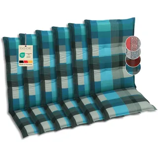 GO-DE Textil Bequeme und attraktive Polsterauflagen für Hochlehner-Gartenstühle (6er-Set, Karo Petrol, Hochlehner)