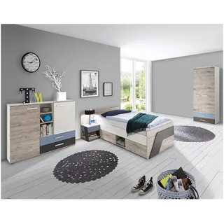 Lomadox Jugendzimmer Set mit 90x200 cm bett 4-teilig mit Kleiderschrank leeds-10 in Sandeiche Nb. mit weiß, Lava und Denim Blau