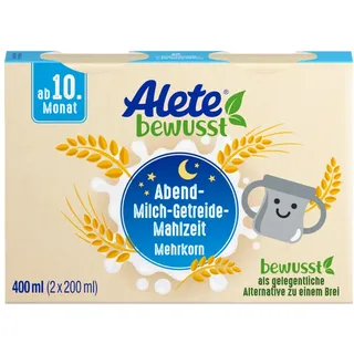 Alete bewusst Abend-Milch-Getreide-Mahlzeit Mehrkorn, ab dem 10. Monat, trinkfertige Babynahrung mit Vollkornhafer, Ersatz zu Babybrei, warm oder kalt trinken, 400 ml (2 x 200 ml) (Packung mit 6)