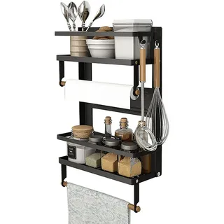 JEOBEST Küchenregal Gewürzregal Magnetisch Kühlschrank (Ohne Bohrung), 2 Etagen, mit Küchenrollenhalter und 4 Haken schwarz