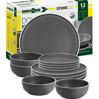 BRUNNER: Melamin Geschirr-Set Camping | 12-Teilig - Teller & Schüsseln für 2-4 Personen | DOLOMIT Midday - Stapelbar, Kratzfest