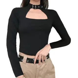 XFSRG Langarmshirt Damen Y2K Enges Basic Crop Top mit Cut Out Slim Fit Longsleeve Bluse Sexy Rundhals Oberteil mit Langen Ärmeln für Alltag Party (Schwarz L) - L