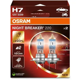 OSRAM NIGHT BREAKER 220, H7, 220% mehr Helligkeit, Halogen-Scheinwerferlampe, 64210NB220-2HB, Faltschachtel (2 Lampen), white