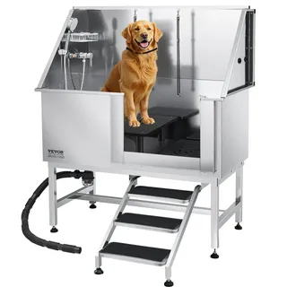 Vevor Hundewaschstation Edelstahl, 1270x700x1545mm Tierpflegewanne mit Treppe, PE-Wasserfilterplatte, Wasserhahn, Duschkopf & Seifenhalter, für große, mittelgroße & kleine Haustiere (rechte Tür)
