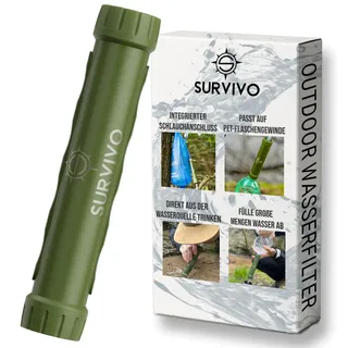 SURVIVO® Wasserfilter Outdoor - Multifunktionaler Trinkwasserfilter für PET-Gewinde & Wassersäcke, 4000l, entfernt 99,99% Bakterien, Camping, Wandern, Survival