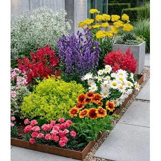 BALDUR Garten 9er Set Bunter Staudengarten, Pflanzen im 7x7 cm-Topf, Staudenbeet, rote Astilbe, weißes Schleierkraut, Kokardenblume, Glockenblume,...