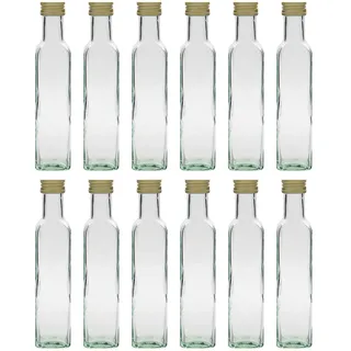 Flaschenland Glasflaschen Marasca 250 ml quadratisch mit Schraubverschluss zum Abfüllen von Essig, Öl, Spirituosen, Feinkost für Abfüller, Gastronomie, Haushalt (12, Transparent, 250, Milliliter)