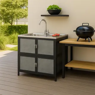 Hti-Living Spüle mit Abtropfläche und Unterschrank für Outdoorküche Grau