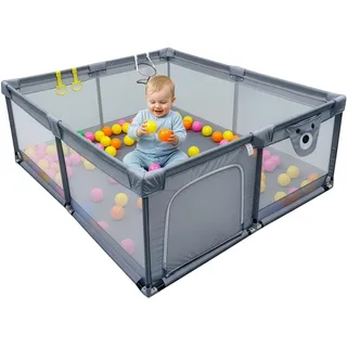 Relaxdays Laufstall Baby, 150 x 150 cm, Laufgitter, 50 Bällen, 2 Laufstallringe, sichere Spielecke, Oxford-Gewebe, grau