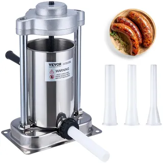 Vevor Manueller Wurstfüller, 2 l / 5 Pfund vertikale Wurstmaschine mit G-Typ-Klemme, lebensmittelechtes 304 Edelstahlfass mit 2 Füllrohren, für Zuhause, Küche, Restaurant, Gewerbe