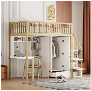 xixiworkshop Hochbett 90x200cm mit Schreibtisch/Kleiderschrank/Stauraum Treppen, Bett für Mädchen Jungen Kinderbett Rausfallschutz ohne Matratze (Holzfarbe)
