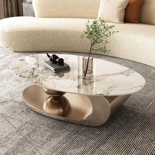 YPDOPORA Mid Century Modern Couchtisch Mit Ovaler Marmorplatte, 2-Stufige Ovale Marmor-Mitteltische, Schlichte Design-Couchtische, Mitteltisch Für Wohnzimmer, Büro, Wohnung,Gold,120 * 70cm