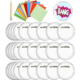 BUYGOO 30PCS Buttons Selber Machen ohne Buttonmaschine mit 100 Farbiges Papier 1 Bleistift,Transparente DIY Ansteckbuttons, Außendurchmesser 60mm Buttons Ansteckbuttons Anstecknadel, für Foto Kleidung