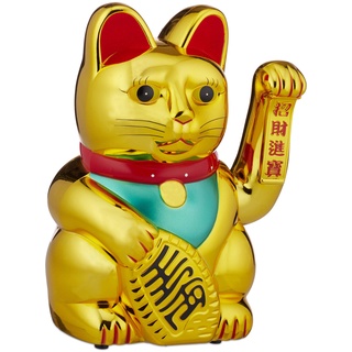 Relaxdays, gold Winkekatze, XL Maneki Neko, batteriebetriebene winkende Pfote, Glücksbringer für Reichtum, Erfolg, 30 cm