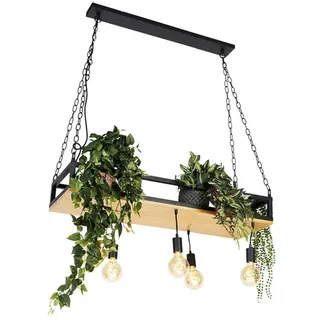 QAZQA Industrielle Hängelampe schwarz mit Holz 5-Licht - Regal