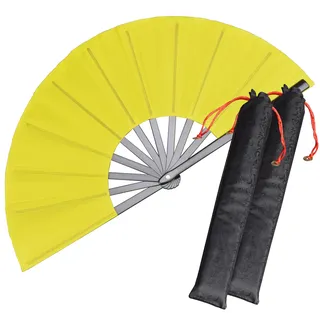 HONSHEN 2 Stück großer faltbarer Handfächer, gelber chinesischer Kung Fu Tai Chi Fächer, Nylon-Stoff-Fächer für Männer und Frauen, Performance, Tanz, Festival, Geschenk (Faltfächer gelb 2p + Hülle)