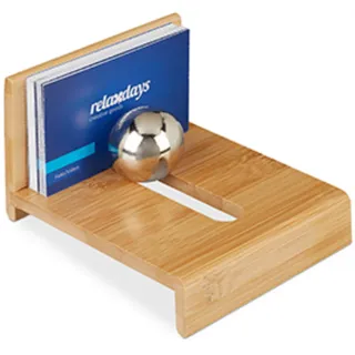 Relaxdays Visitenkartenhalter mit Kugel, 1 Fach, Bürozubehör, Visitenkartenständer Bambus, stehend, Schreibtisch, natur,