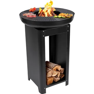 3-in-1 Grill mit Teppanyaki Platte und Feuerschale für Terrasse und Garten, Terrassenkamin mit Holz-Aufbewahrungsfach - Schwarz