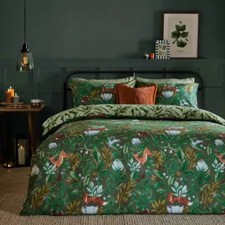 furn. Into The Woods Bettbezug-Set – Wende-Bettwäscheset aus Baumwollmischung mit Waldtieren (Waldgrün – Einzelbett)
