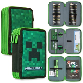 Minecraft Federmäppchen, mit Fächern, gefüllt mit Schulbedarf, Federmäppchen, Schule, Kinder, Jungen, Goodies, offizielles Zubehör für Gamer (Grün Creeper)