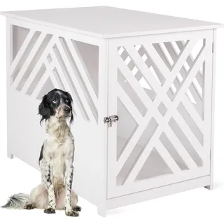 WONDERMAKE WONDERMAKE® Design Hundekäfig aus Holz für Zuhause Wohnung mit Beistelltisch, Hundebox fürs Wohnzimmer Indoor, 90x60 cm weiß