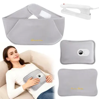 Noetopolis Elektrische Wärmflasche, Tragbare Wärmflasche Elektrisch, Wiederaufladbar&Kabellos, 4-Teiliges Set mit Wärmflaschengürtel&Flanellbezug, bis 70°C, Digitalanzeige, Überhitzungsschutz (Grau)