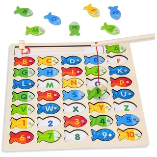 CLTYQ Lernspielzeug ABC Montessori Holzfischspiel, Feinmotorik Montessori Lernspielzeug, Sortierspiel spielzeug für Kinder,Lernspiel für Buchstaben ab 4-6 bunt