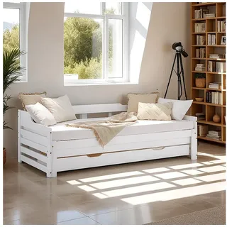 Homestyle4u Tagesbett 90x200 cm mit Bettkasten Weiß mit Lattenrost 2799