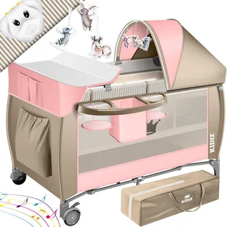 Kidiz KIDIZ® Babybett Reisebett Kinderreisebett Faltbar mit Matratze 120x60, Seiteneingang, Wickelauflage, Mosktionetz, Spielbogen & Tragetasche Baby Beistellbett Kinderbett ab Geburt bis 15 kg