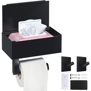 Toilettenpapierhalter Schwarz, Heatigo Klopapierhalter Ohne Bohren mit Feuchttücherbox Klorollenhalter, Toilettenpapierhalter mit Ablage für Badezimmer, Selbstklebend or Bohren (Matte Black)