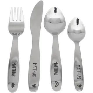 LAUBLUST Kinderbesteck mit Namensgravur - 4-teiliges personalisiertes Besteck - Regenbogen Motiv - Baby Geschirrset mit Namen aus Edelstahl Personalisiert