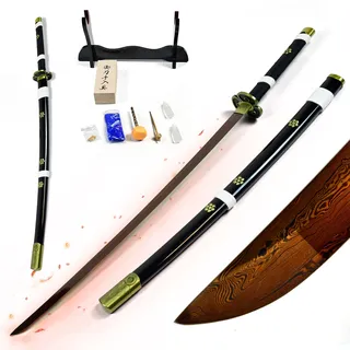Swords and more One Piece - Oden's Enma Schwert - handgeschmiedet & gefaltet, Set - Blutdamast Edition, Roronoa Zoro Odens Enma, Samurai Schwerter echt scharf mit Schwertpflegeset 103cm, Zoro Schwert