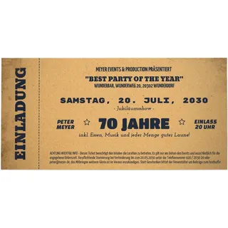 70. Geburtstag Einladungen online gestalten und bestellen - Vintage Ticket 70 - Beige | Wunderkarten.de