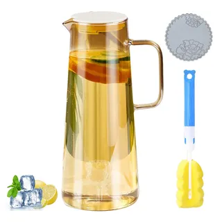 Glas Karaffe Wasserkaraffe mit Deckel 1800 ml, Glaskanne Hitzebeständig für selbstgemachte Getränke wie Limonade, Früchtetee und Sprudelwasser, Amberfarben