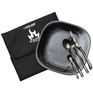 Prologic Blackfire Dinning Set - Camping Geschirr, Besteckset, Besteck zum Essen, Messer, Gabel, Löffel, Teller, Anglerbesteck