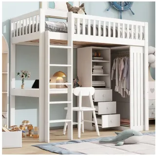 HAUSS SPOLE Hochbett 90x200cm mit Schreibtisch, Kleiderschrank, 3 Schubladen, Weiß (Hochbett,mit Schreibtisch & Kleiderschrank Inkl. Stauraum, Geländer und Treppe) ohne Matratze