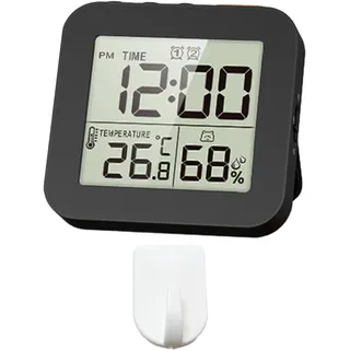 Sharplace Digitale Badezimmeruhr, digitaler Wecker, tragbare LCD-Display-Temperaturanzeige, Thermometer-Hygrometer-Uhr, für Zuhause, 1 Haken Schwarz