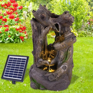 Solar Gartenbrunnen Brunnen Solarbrunnen Wald-GEFLÜSTER Zierbrunnen Wasserfall Gartenleuchte Teichpumpe für Terrasse, Balkon, mit Pumpen, mit Liion-Akku & Led-Licht