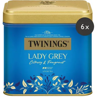 Twinings LADY GREY Schwarzer Tee in der Tee-Dose - Mischung chinesischer Schwarztee Teesorten mit Orangen- & Zitronenschale, vollendet mit Bergamotte-Aroma, 6er Pack (je 100g)