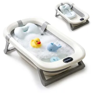 Relaxdays Babybadewanne faltbar, mit weichem Kissen, Babywanne, bis 30 kg, Hbt: 20x78x50 cm, Badewanne, Pp, creme/grau