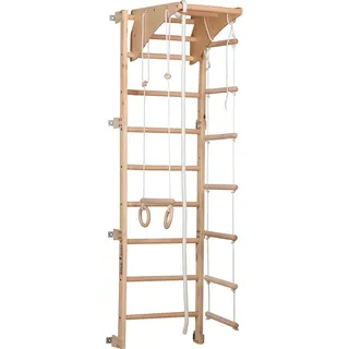 RINAGYM Sprossenwand ECO 2 Naturton (Holzoptik) – 58 × 210 cm – abnehmbares Reck + Ringe, PP-Seil & Seilleiter – Indoor Fitnessgerät für Kinder (3+) & Erwachsene – Wandmontage mit Abstandshaltern