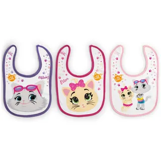 LULABI 44 GATTI GIRL - 3er-Set aus Babylätzchen, 100% aus weicher Baumwolle mit "44 Katzen" Aufdruck, Lätzchenpackung, Klettverschluss, hypoallergen, wiederverwendbar, unisex, 19 x 17 cm - Bunt