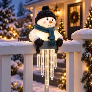 Winter Glow Schneemann Eiszapfen Licht Dekor Hängende Schneemann Geländer | Beleuchtete Outdoor-Urlaubsdekoration für Veranda, Deck, Balkon, Treppe, Zaun & Weihnachtsdisplay Schneemann B