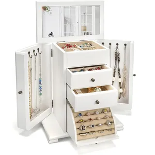 Emfogoo Schmuckkästchen, Schmuckaufbewahrung, Rustikales Holz Groß Schmuckkasten Organizers mit Spiegel, 4 Ebenen Schmuckbox für Ringe, Ohrringe, Halsketten, Armbänder (Verwittertes Weiß)