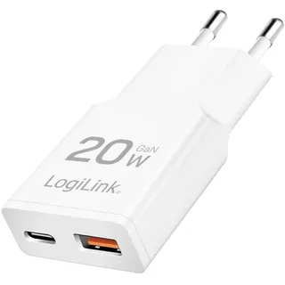 Logilink PA0346 - USB-Ladegerät, 20 W, 5-12 V, 1x USB-C 1x USB-A (QC), weiß,