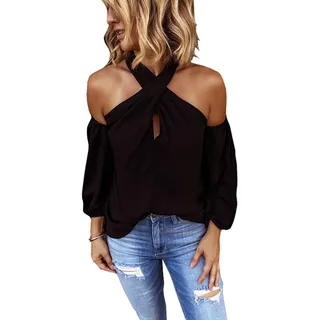 Minetom Damen Oberteile Elegant Bluse Damen Sexy Schulterfrei Neckholder Langarmshirt Casual T-Shirt Schwarz 40 - 40